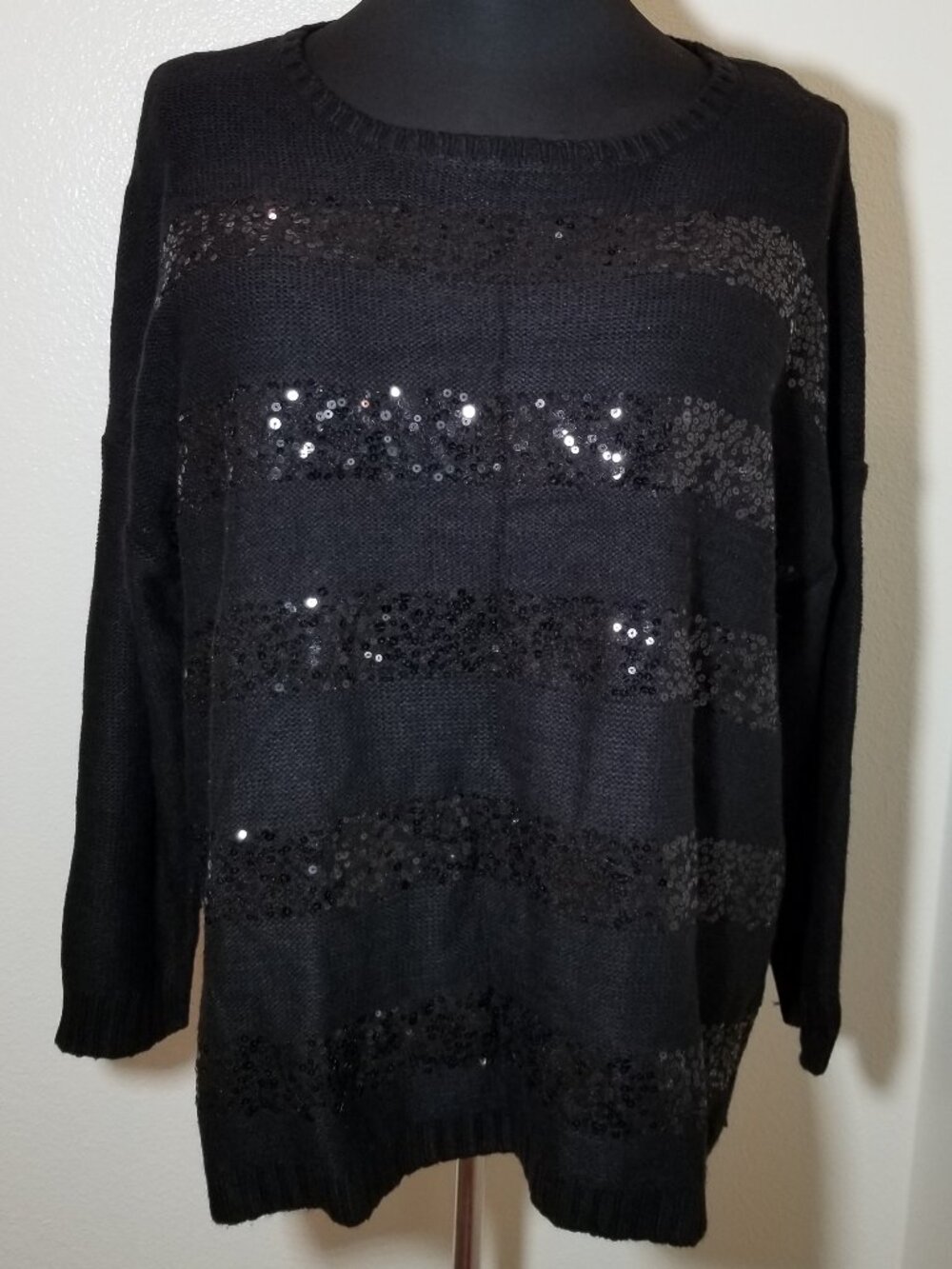 Avenue Womens Sz 22/24 Black Sequin Striped Sweater Boho Retro Goth Grunge Edgy